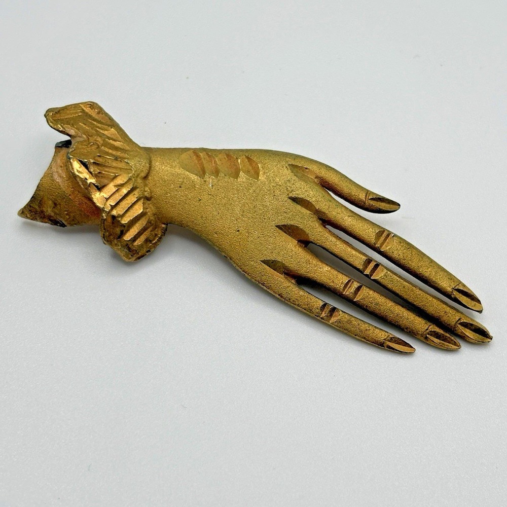 Vintage Hand Brooch Elegant Victorian Revival Gold Tone Ruffle Cuff 1950s